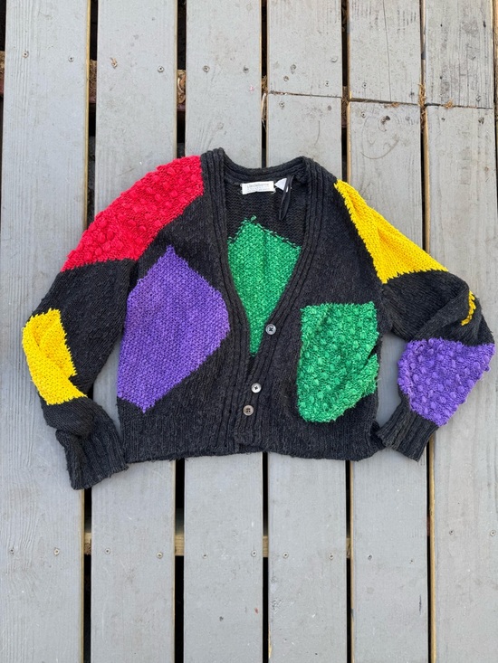 Liz Claiborne Sweaters - Vintage 80s Liz Claiborne Black Chunky V-Neck Cardigan with Colorblock Texture